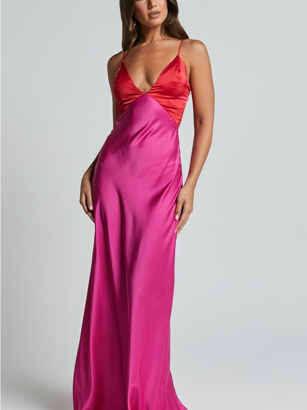 SHOWPO Quincy Pink & Red Satin Colorblock Maxi Dress, Size 4